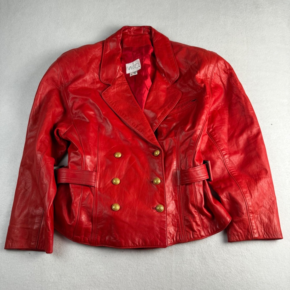 Vakko Red Leather Double Breasted Blazer Gold Buttons Vintage USA Made Size 8